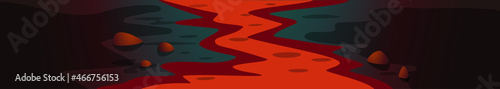 Lava river, fantasy landscape with red fire river. Vector illustration in flat cartoon style
