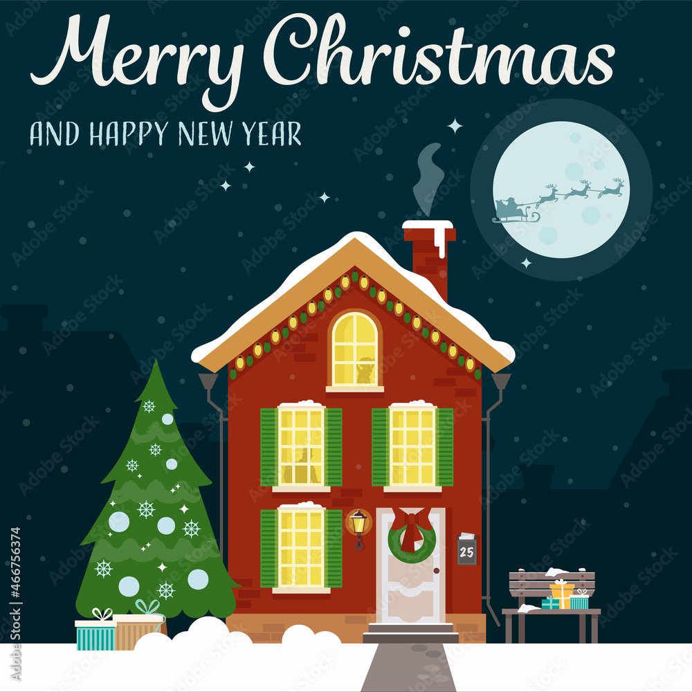 A beautiful house decorated for the holiday with a Christmas tree, a bench and gifts. Greeting card. Vector illustration in flat style.