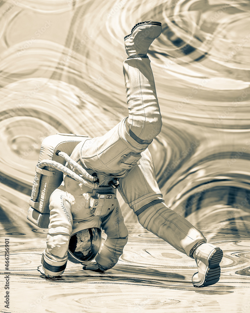 Astronaut Is Doing A Somersault In A Psychedelic Background Front View Stock イラスト Adobe Stock