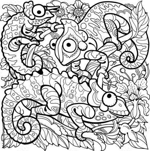 Chameleons on a tree.Coloring pages © Lebedeus