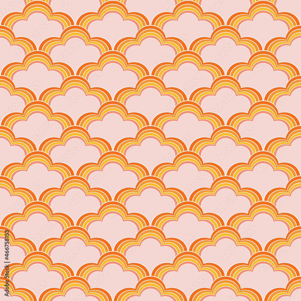 Abstract seamless pattern pattern with yellow, orange and pink waves decoration on pastel pink background Abstract seamless pattern pattern with yellow, orange and pink waves decoration on pastel pink background
