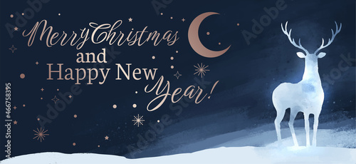 Bild auf Leinwand christmas card with white deer silhouette on night background let it snow