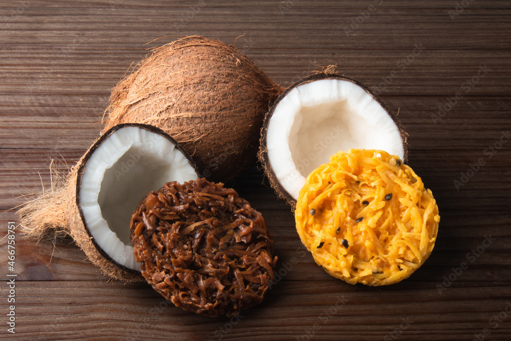 Cocada Coconut Candy on Rustic Wood Background Cocada Coconut Candy on Rustic Wood Background