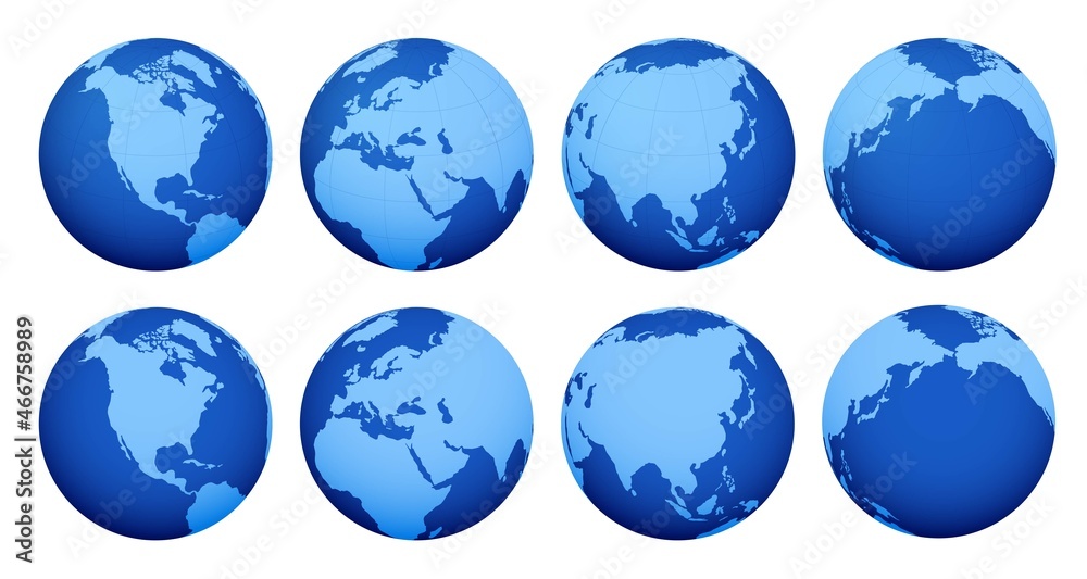 Isometric set of Planet Earth. Global map Earth hemispheres with continents.