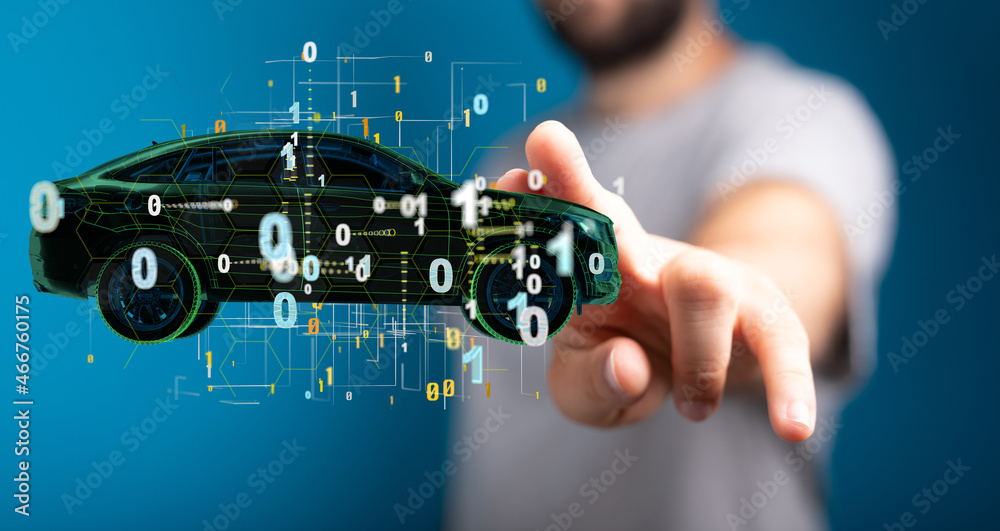 Fototapeta premium Man holding and touching holographic smart car
