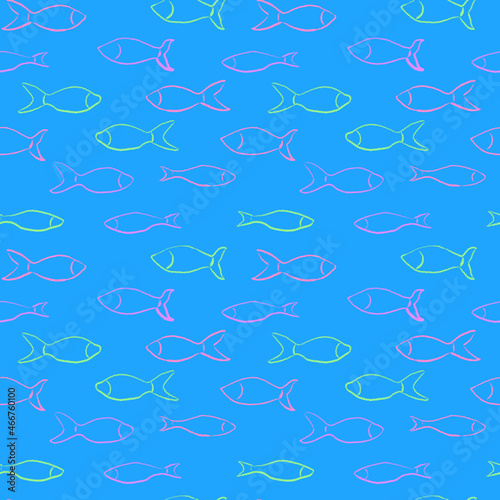 Seamless blue background with pink and green fish.