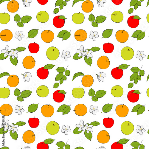 Seamless background with red  orange  yellow apples and leaves with flowers.