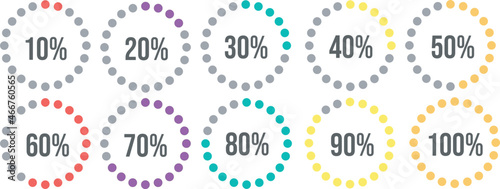 Set of circle percentage diagrams from 10 to 100 percent. Vector illustration. Infographic