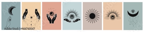 Hand drawn cards of mystical Sun with Moon, eyes and stars in line art. Spiritual symbol celestial space. Magic talisman, antique style, boho, vintage, tattoo, logo. Vector sketch set illustration