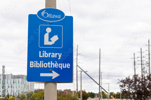 Public library sign on road in Ottawa, Canada