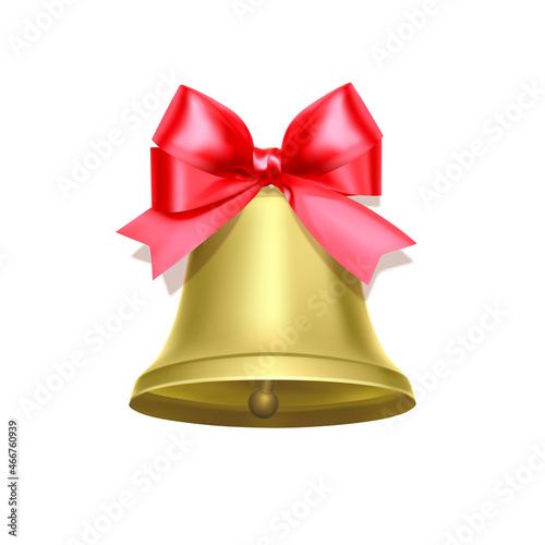 Holiday decoration element, golden bell with red bow. Vector illustration