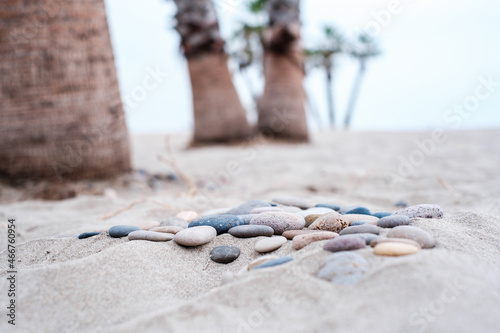 Primer plano de piedras sobre la arena de la playa en invierno con palmeras desenfocadlas de fondo canet de berenguer photo