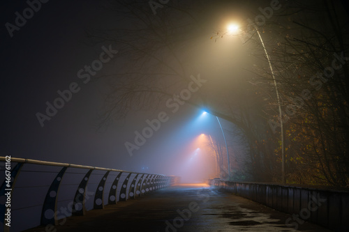 Autumn embankment at night. Heavy fog.
