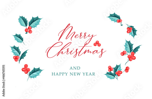 Happy new year background. Greeting card with holly branches.