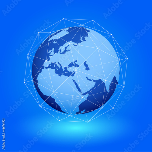 Isometric Data exchange and global network over the world. Contours of continents from shimmering chaotic particles. Science and modern technologies.