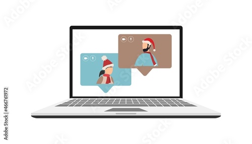 happy birthday quarantine, online party. Vector illustration. People wishing Merry Christmas and Happy New Year. Celebrating holiday and giving gifts via video call or web conference in 2022.