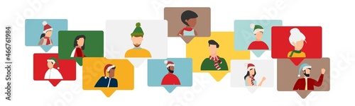 happy birthday quarantine, online party. Vector illustration. People wishing Merry Christmas and Happy New Year. Celebrating holiday and giving gifts via video call or web conference in 2022.