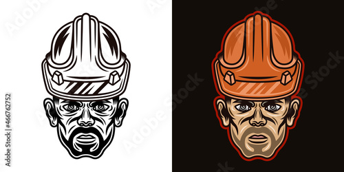 Worker man with bristle in hard hat vector illustration in two styles black on white and colorful on dark background