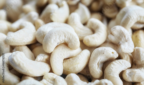Close up picture of dried cashew nuts, selective focus.