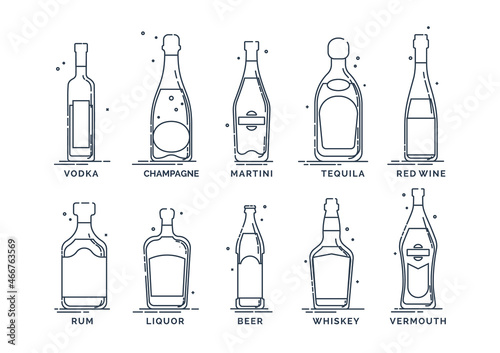 Set alcoholic drinks. Alcohol bottles with signatures of drinks. White background. Illustration isolated. Outline flat style. Vodka champagne martini tequila wine rum liquor beer whiskey vermouth
