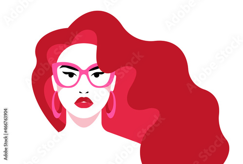 Portrait of beautiful redhead woman. Attractive young beauty with eyeglasses. Long wavy red hair. Isolated illustration on white background.