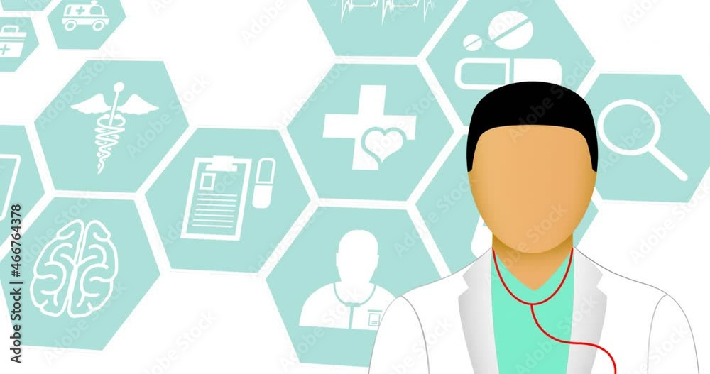Animation of doctor icon over medical icons on white background Animation of doctor icon over medical icons on white background
