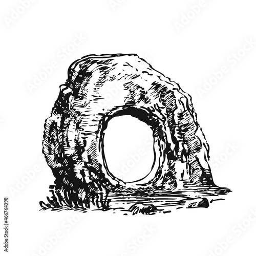 Menhir Stone with Round Hole, Caveman Riligion Object, Sketch Drawing. Megaliths Stone Age.