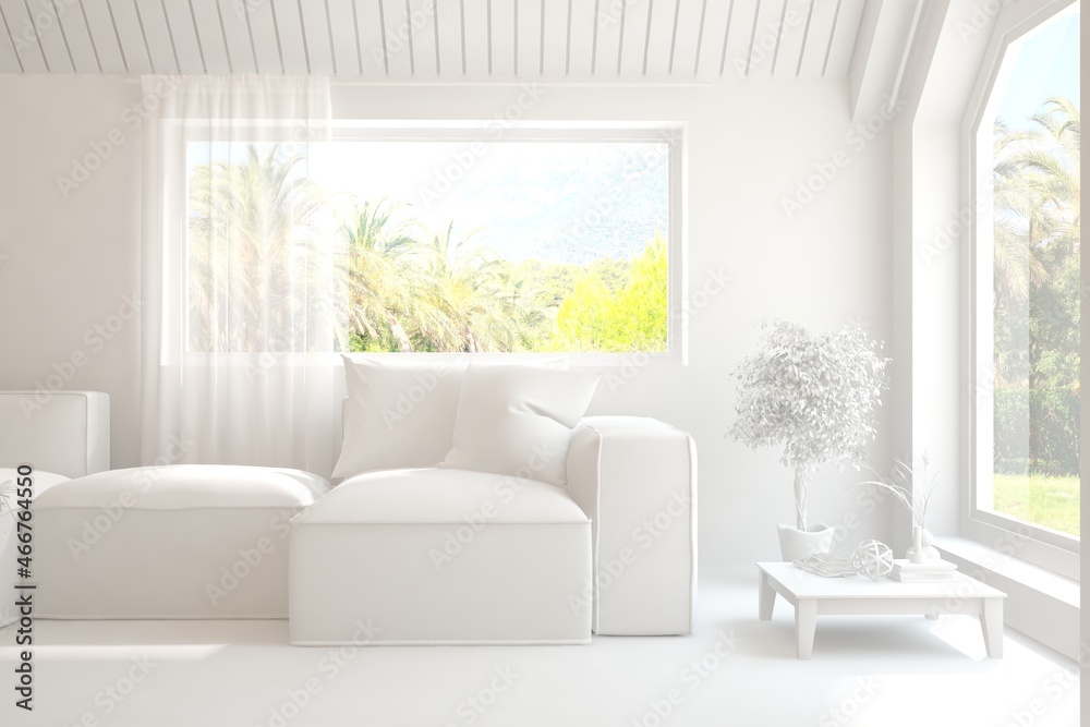 Mock up of stylish room in white color with sofa and green landscape in window. Scandinavian interior design. 3D illustration Mock up of stylish room in white color with sofa and green landscape in window. Scandinavian interior design. 3D illustration