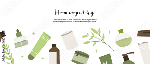 Homeopathy, naturopathy. Complementary, alternative, integrative, holistic medicine. Natural organic herb. Apothecary bottle. Vector flat cartoon illustration. Landing page, banner design, flyer