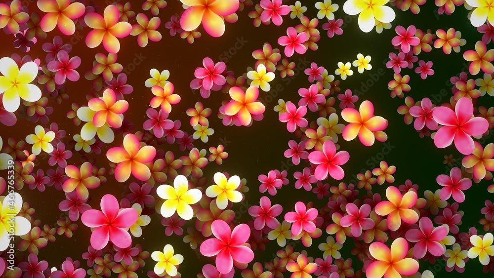 Decorative Floral Colorful Ambient Light Variety Plumeria Flowers Fly Scattered In The Air Background Design