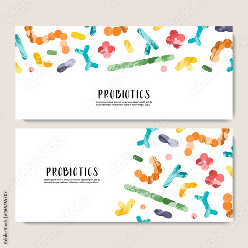 Probiotics. Lactic acid bacteria. Good microorganisms for gut, intestinal flora health. Microflora. Microbiome. Bifidobacterium, lactobacillus,  lactococcus, thermophilus streptococcus. Vector banner