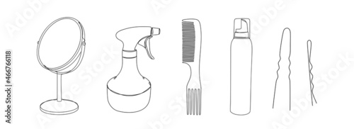 Set of hairdresser details in linear style on white. Hand drawn continuous line art vector illustration. Mirror, a comb, a hair fixation spray, and hairpins.