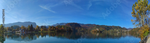 Bled, Slovenia in the most beautiful time of the year with the reflection of trees on the Lake Bled (Blejsko jezero)