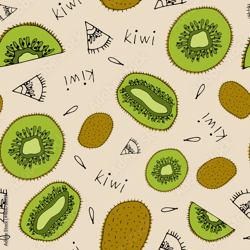 Fototapeta Naklejka Na Ścianę i Meble -  Vector pattern of the kiwi halves. Tropical fruit. Hand-drawn. Design of posters, postcards, invitations, holiday decoration, decor, fabric, textile.
