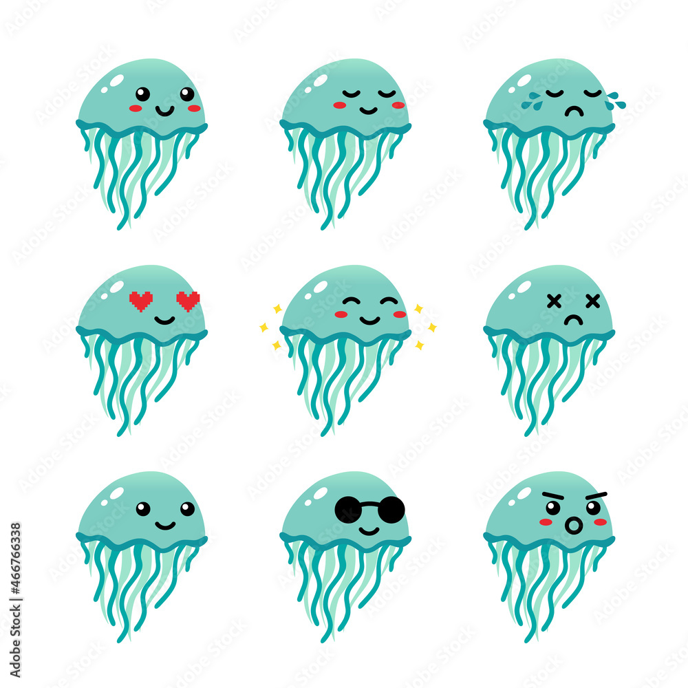 Set, collection, pack of jellyfish emoji, vector cartoon style icons of colorful jellyfish characters with different facial expressions, happy, sad, joyful, wearing sunglasses.