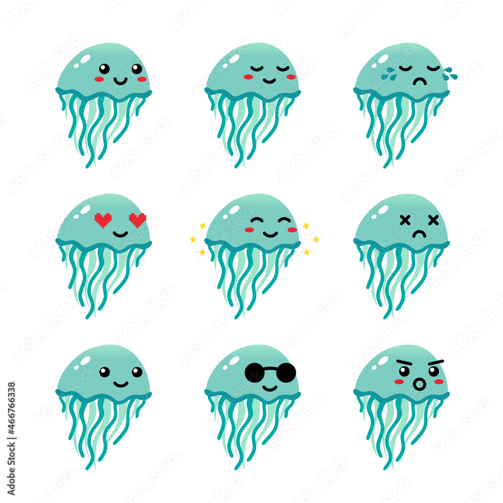 Set, collection, pack of jellyfish emoji, vector cartoon style icons of colorful jellyfish