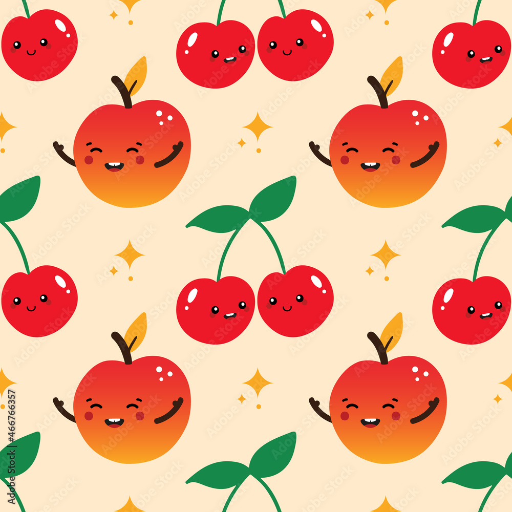 Cute smiling cartoon style apple and cherry characters vector seamless pattern background for food and nature design. Cute smiling cartoon style apple and cherry characters vector seamless pattern background for food and nature design.