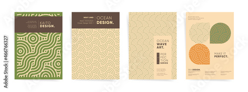 Geometric business asian minimalism design template set. Abstract vector japanese wavy lines. Cover template for poster, brochure, flyer, banner, background. Vintage beige green sea ocean pattern.
