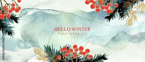 Winter vertical watercolor background. Hand drawn tree, pine branches, red berries. Christmas, New Year mood