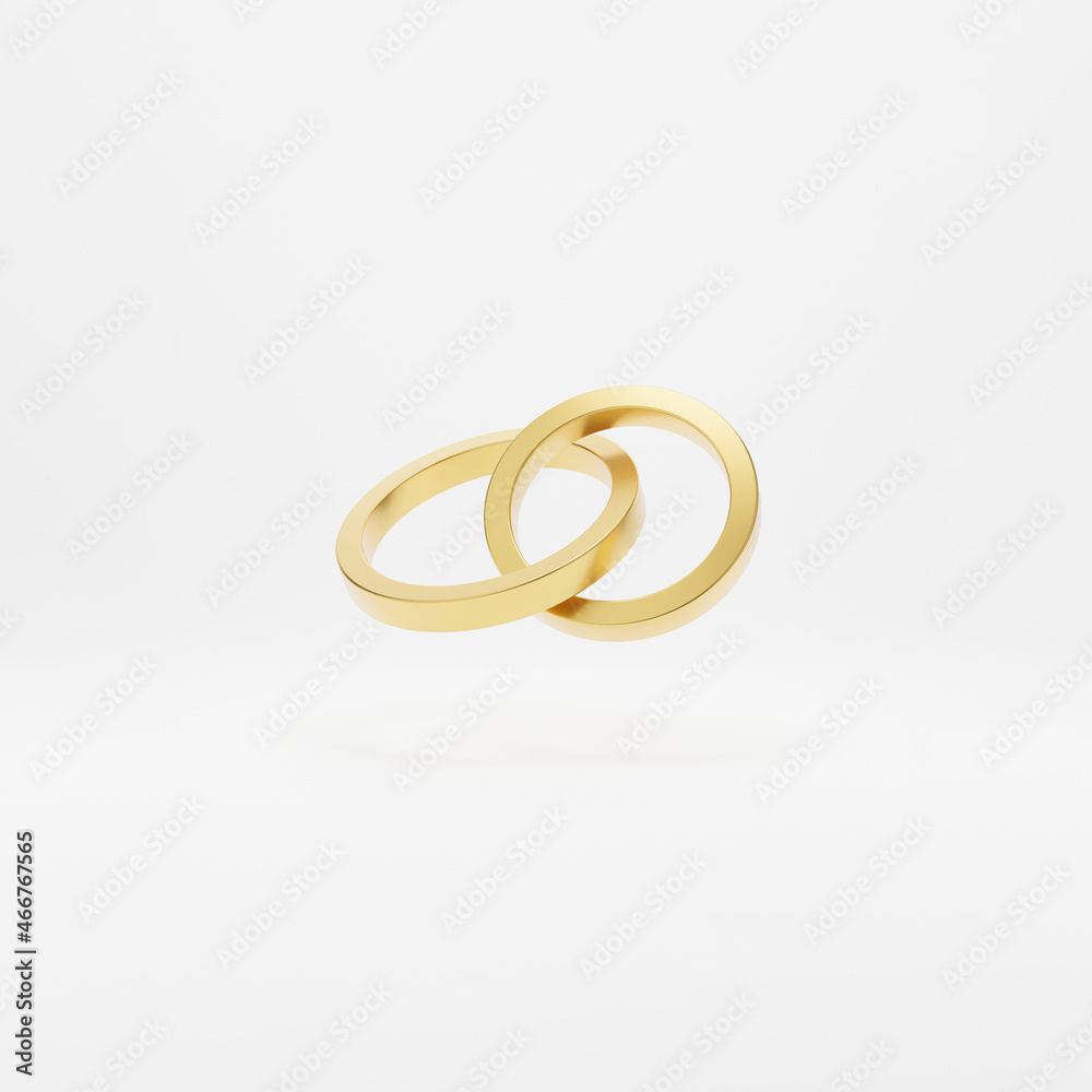 Render of two wedding rings on a white reflective isolated background. 3D render