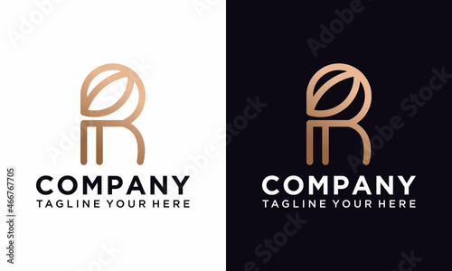 Luxury initial R and leaf logo design with line art style design vector template.