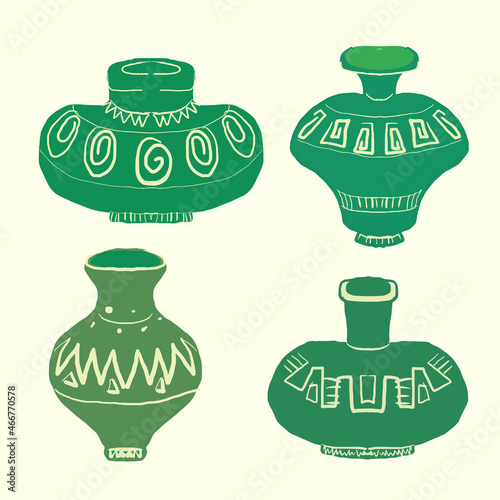 Set of green beautiful antique vases with ornament, vector