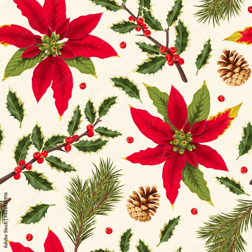 Vector seamless pattern with holly and pine