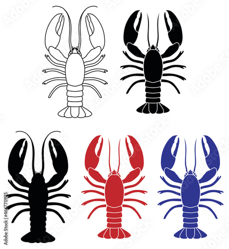 Lobster Clipart Set - Outline, Silhouette, Red and Blue photo