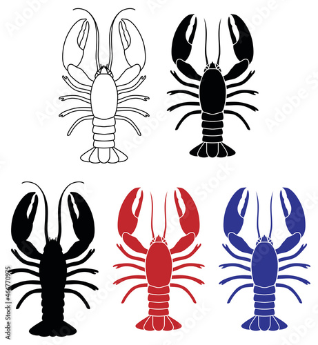 Lobster Clipart Set - Outline, Silhouette, Red and Blue