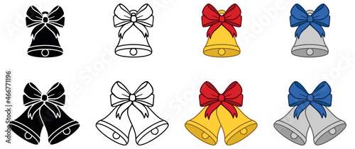 Bell with Bow Clipart Set - Silver, Gold, Outline and Silhouette