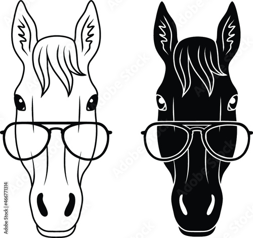 Horse Face / Head with Glasses Clipart Set - Outline and Silhouette