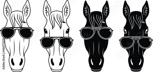 Horse Face / Head with Sunglasses Clipart Set - Outline and Silhouette