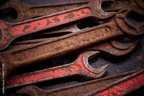 Old vintage construction tools. Hand tool on a dark background