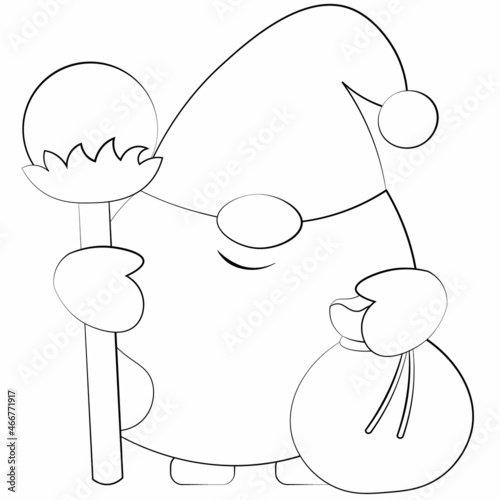 Little christmas Gnome Santa with sack. Draw illustration in black and white